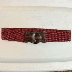Anthropologie Red stretch bead belt with wooden closure. Size M/L